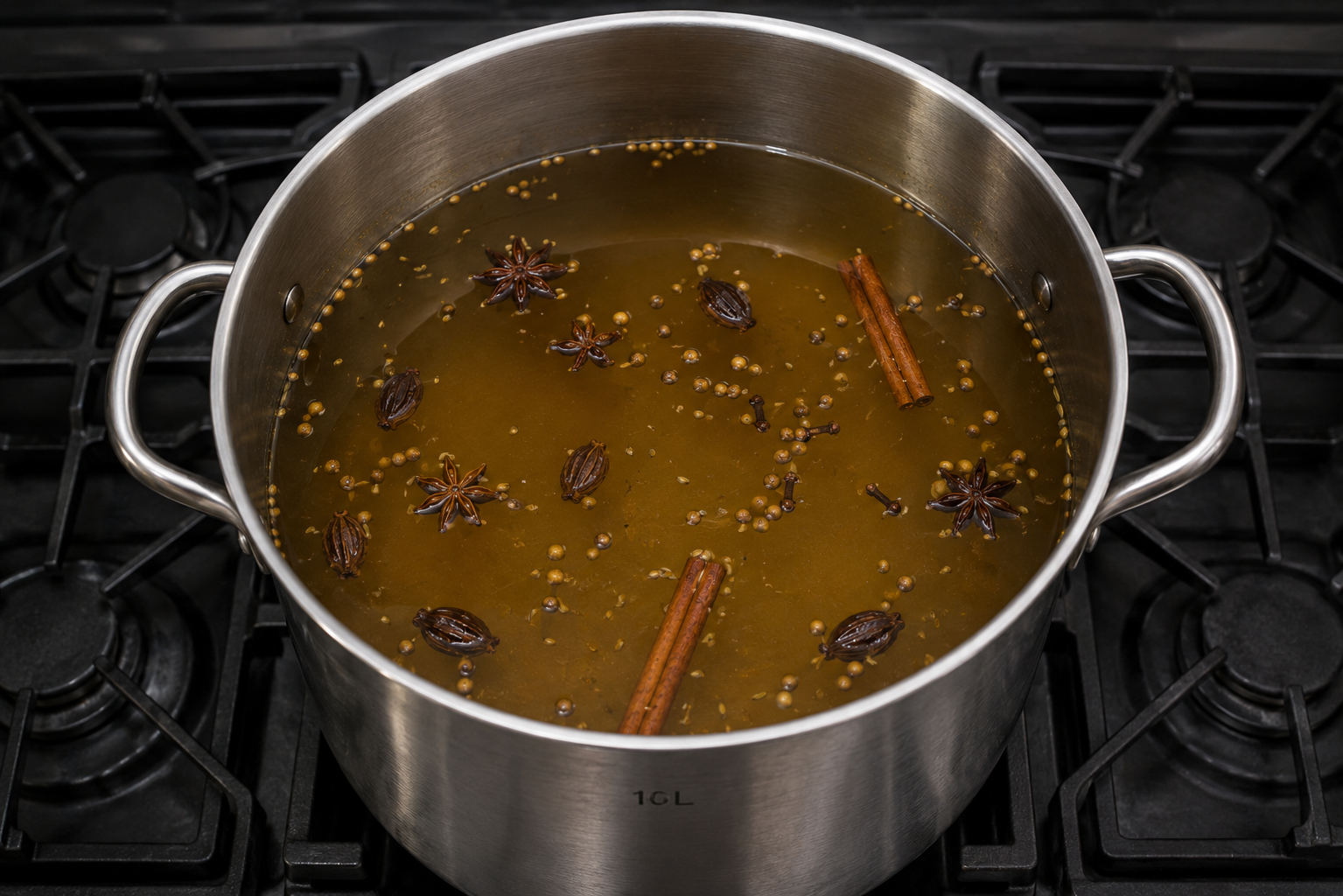 De geroosterde kruiden drijvend in de warme bouillon