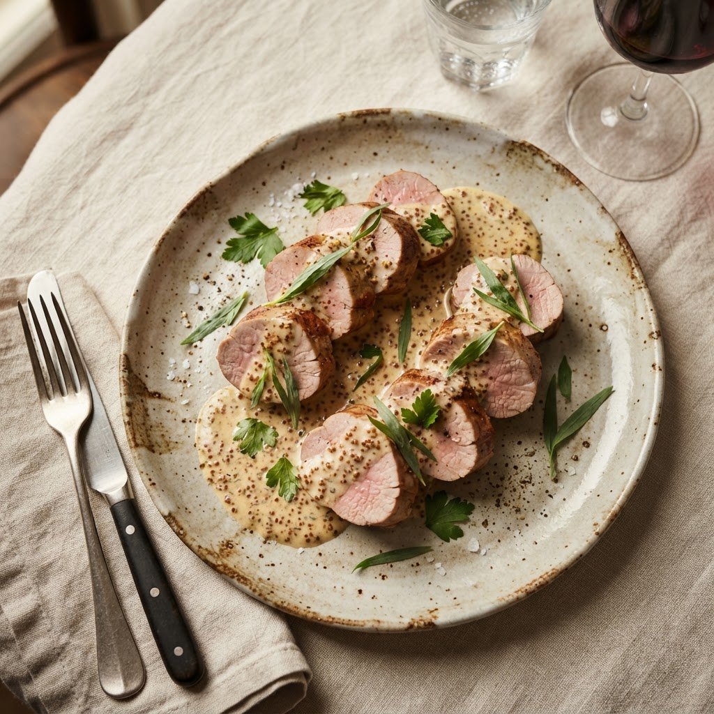 Varkenshaas met romige mosterdsaus